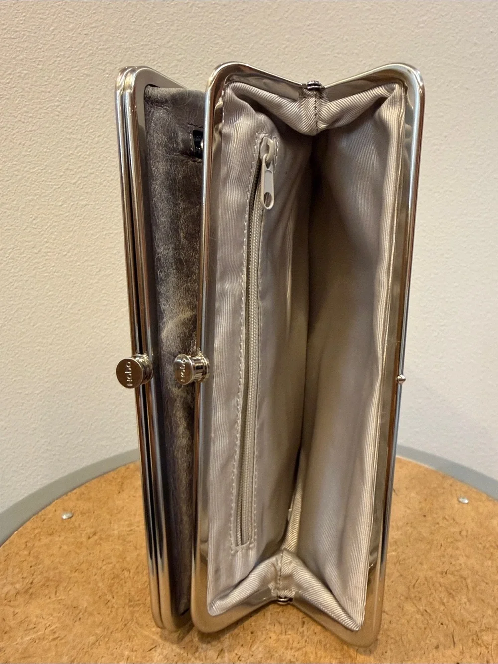 Gray Leather Hobo Laure Double Frame Clutch Wallet